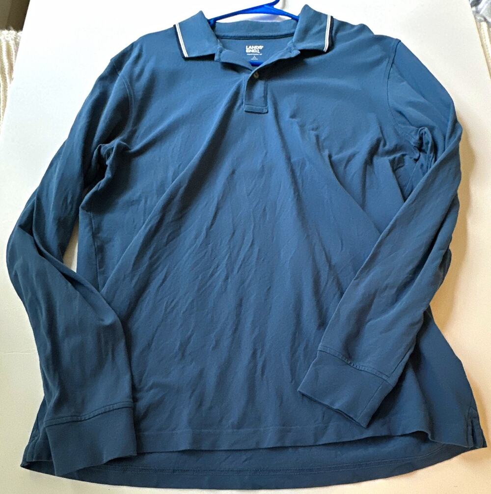 Lands' End Traditional Fit Men's L Blue Long Sleeve Polo Cotton Spandex Collared